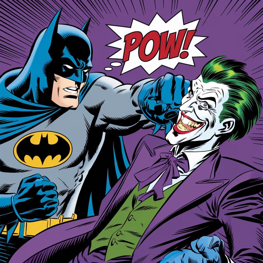 Batman Punches Joker: Comic Book Illustration