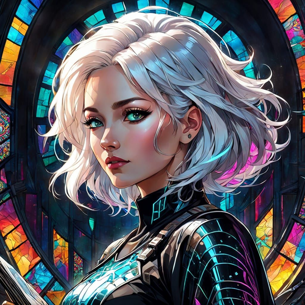 Fantasy-Cyberpunk Woman in Manga-Inspired Comic Art