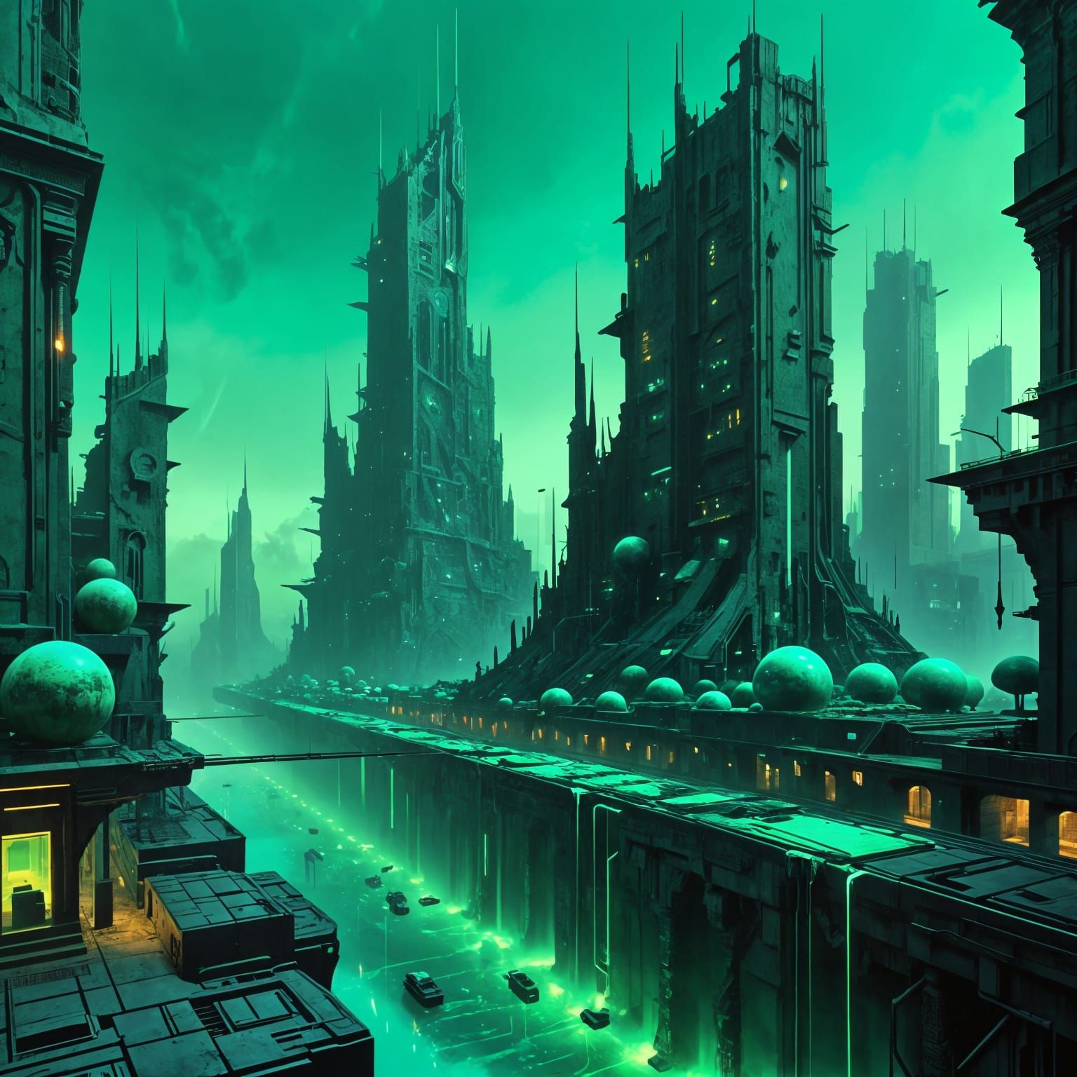 Retro-Futuristic Malachite Cityscape in Neon Hues