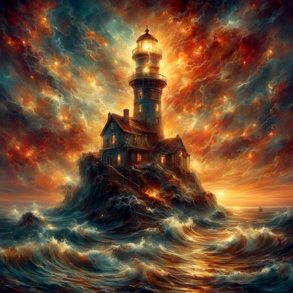 Sunset Lighthouse Landscape in Radiant Colors