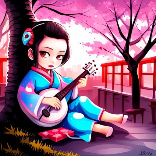 Chibi Geisha with Shamisen: Graffiti Street Art