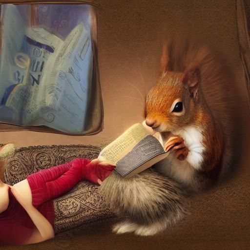 Squirrel in Pajamas Reads Book in Cozy Bed