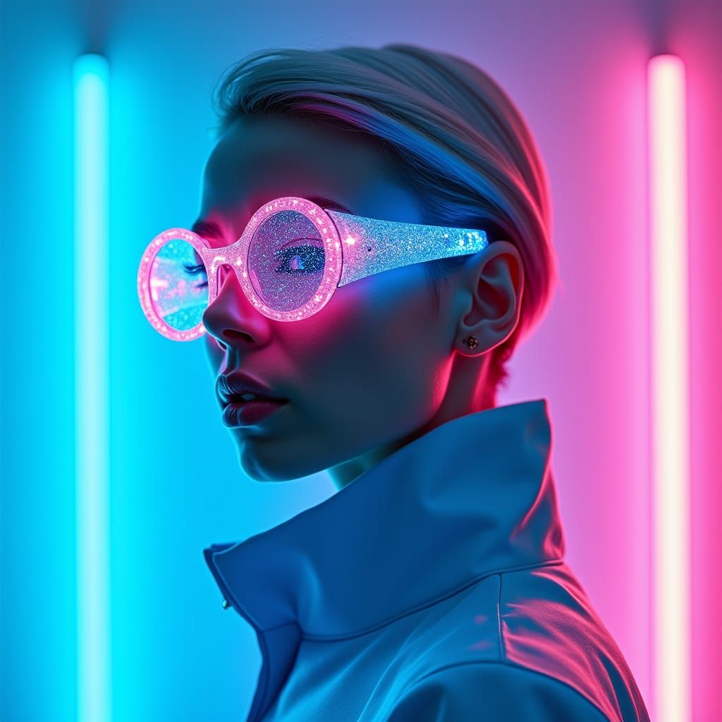 Futuristic Model with Celestial Eyewear in Neon City