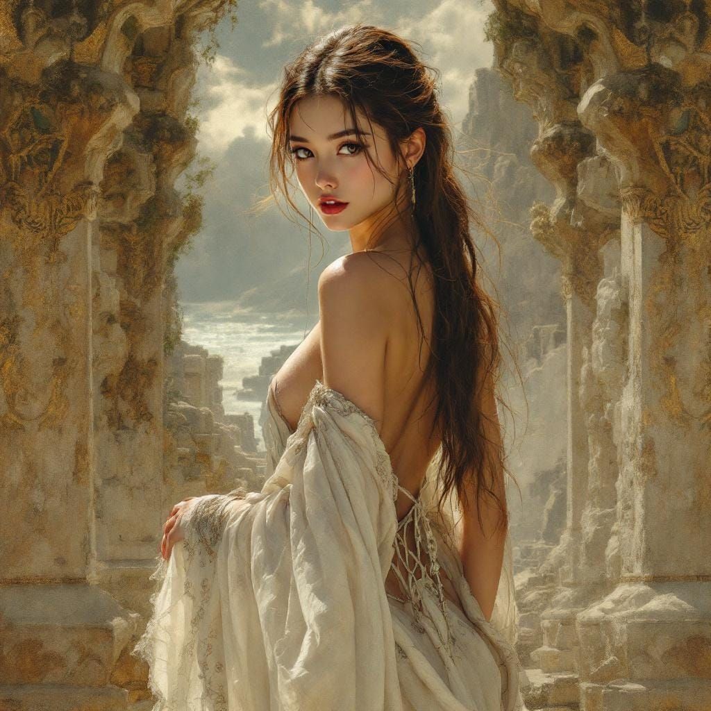 Asian Actress Back View in Digital Painting Style