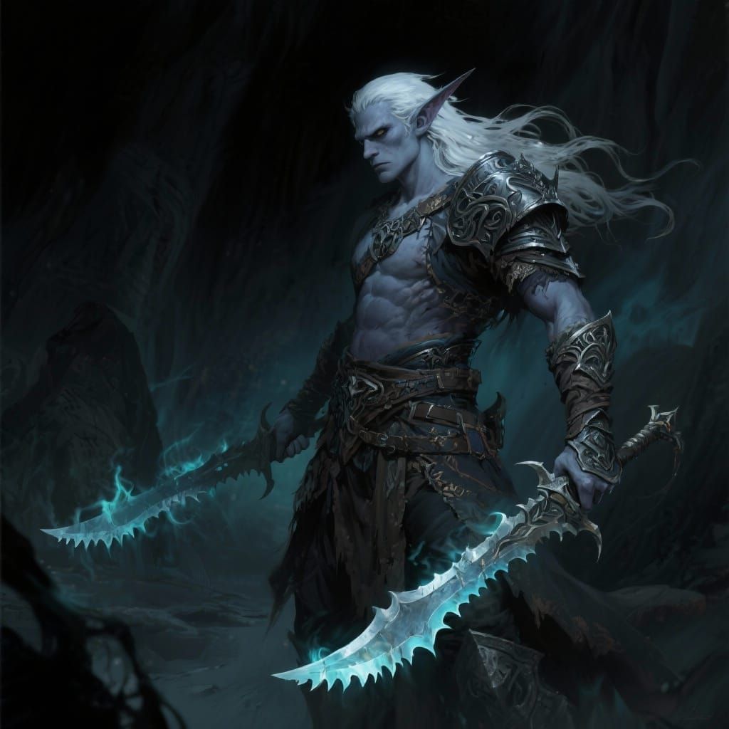 Drow Warrior with White Hair and Sawtooth Sabers