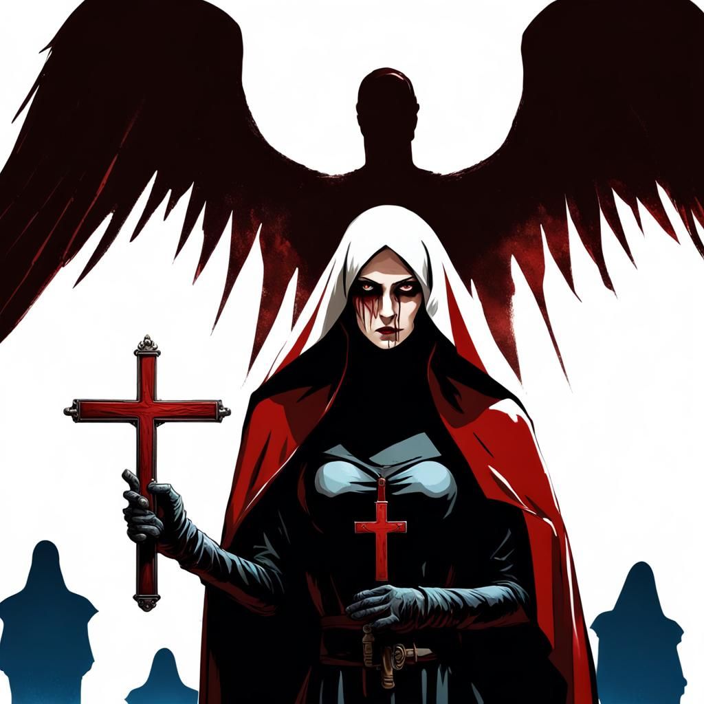 Sinister Angel and Nun in Dark Church, Digital Art