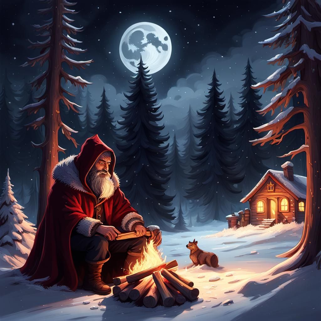 Grey-Bearded Man in Dark Red Cloak Contemplates by Christmas...