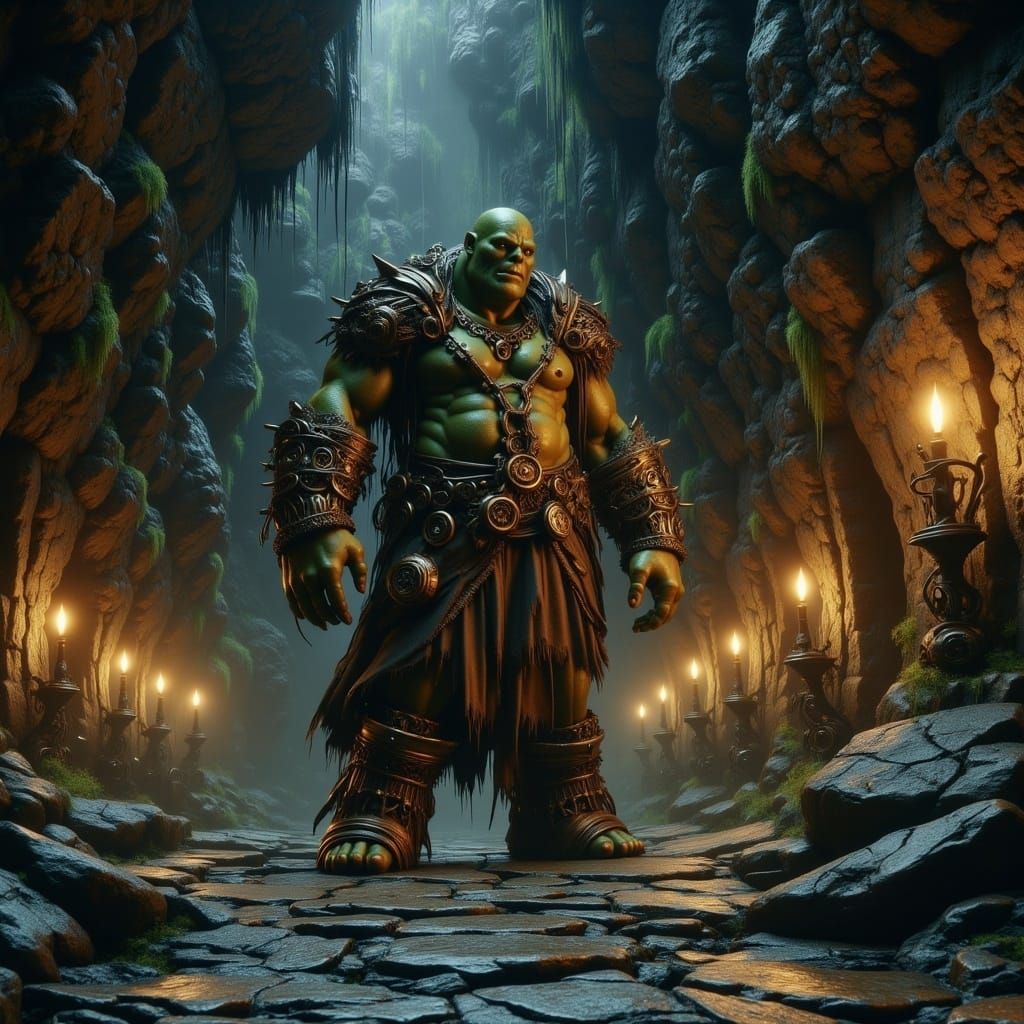 Sinister Ogre Illuminated by Flickering Candlelight in a Dar...