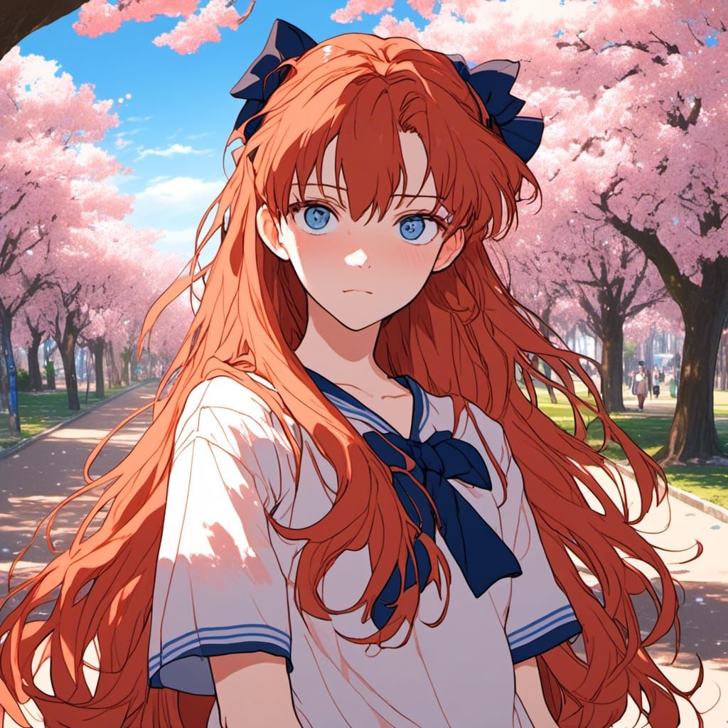 Anime Portrait: Red-Haired Girl in Cherry Blossom Park