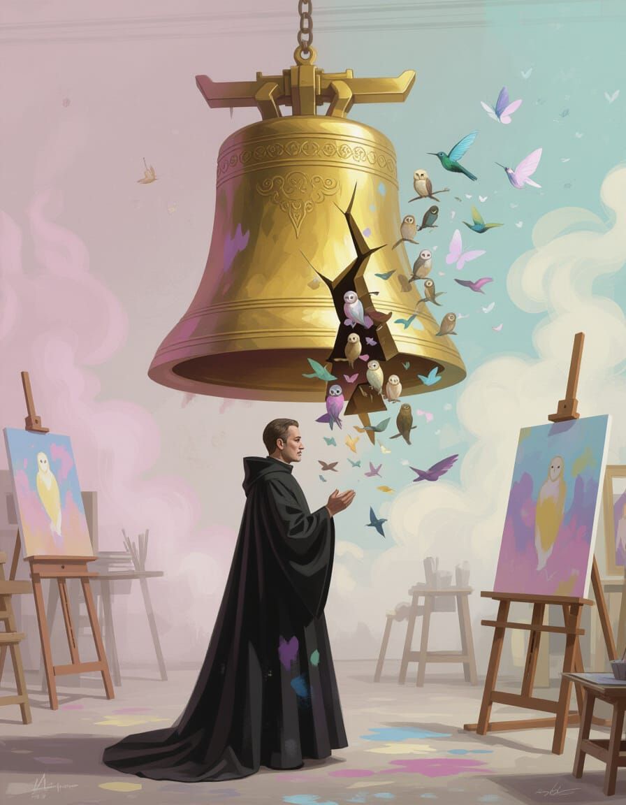 Priest Conducts Magical Creatures in Pastel Artist Studio