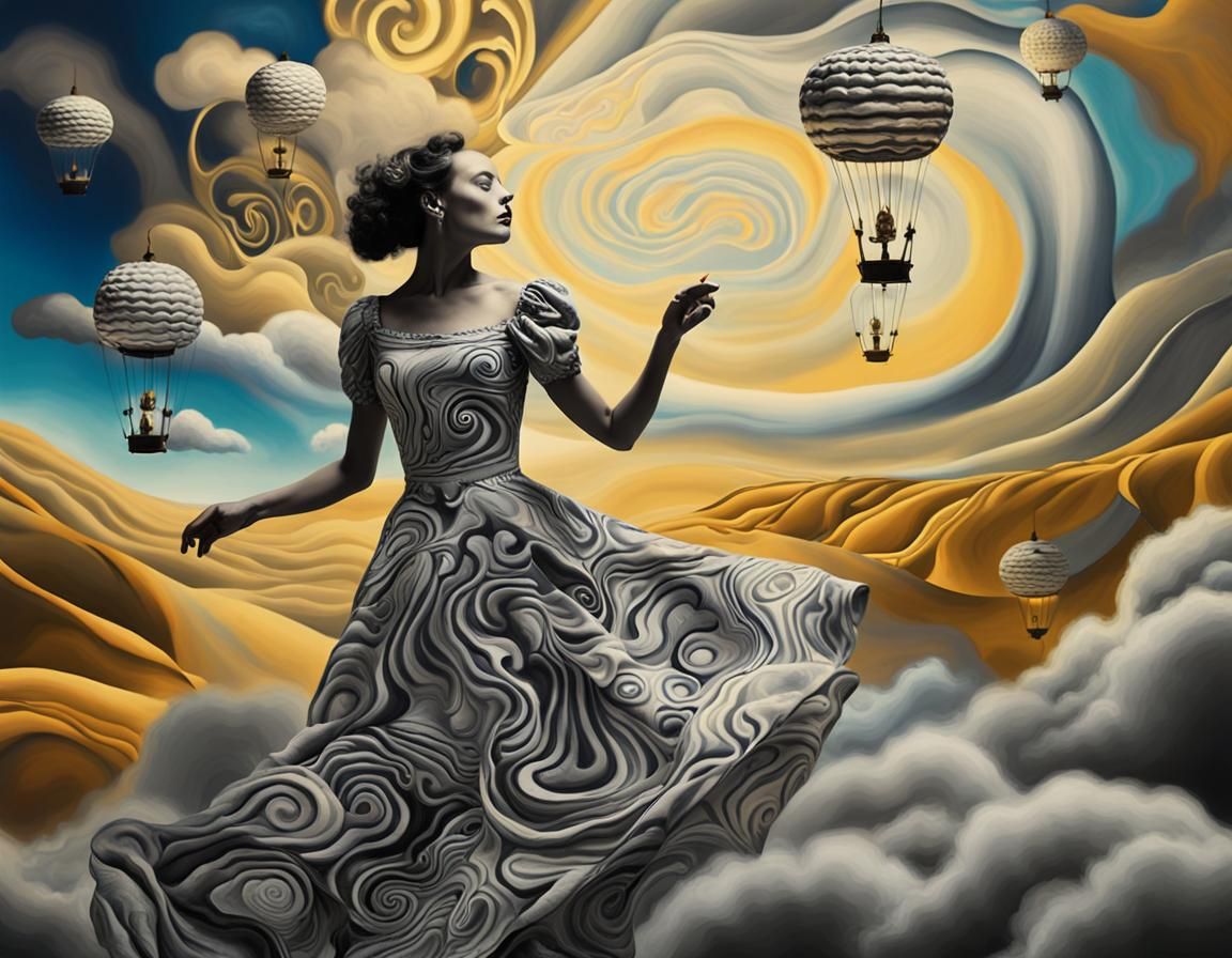 Woman in Surreal Dreamscape with Flowing Dress