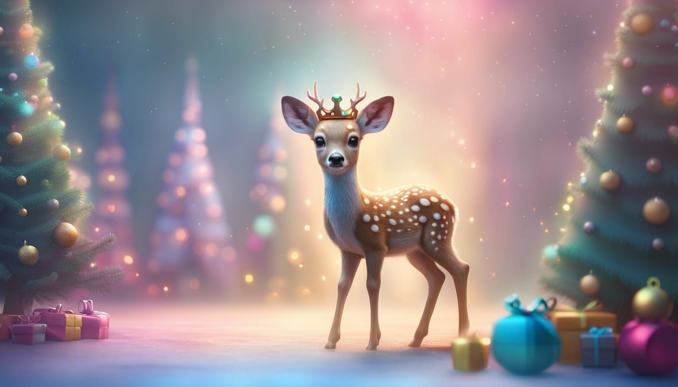 baby deer wearing crown christmas  trees  presents ethereal ...