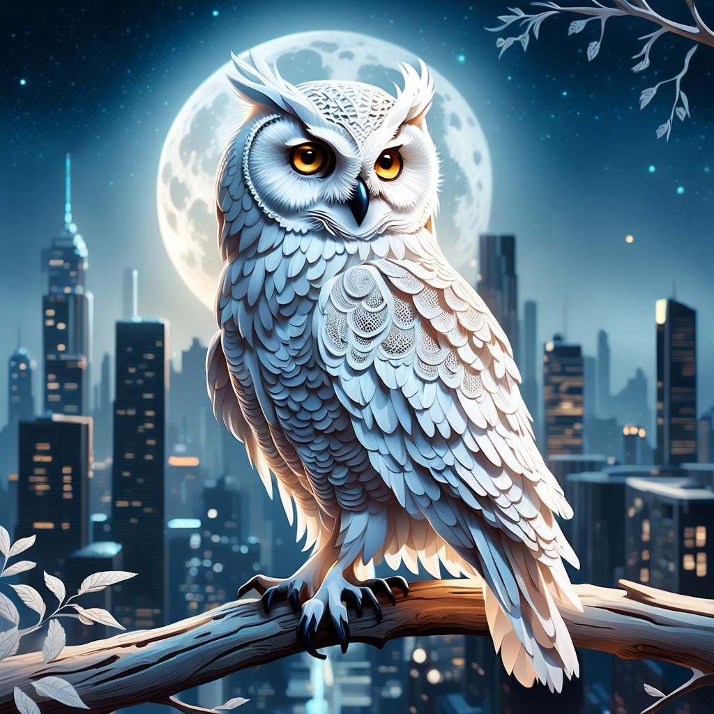 A majestic white lace owl perched gracefully on a weathered branch of the Tree of Wisdom