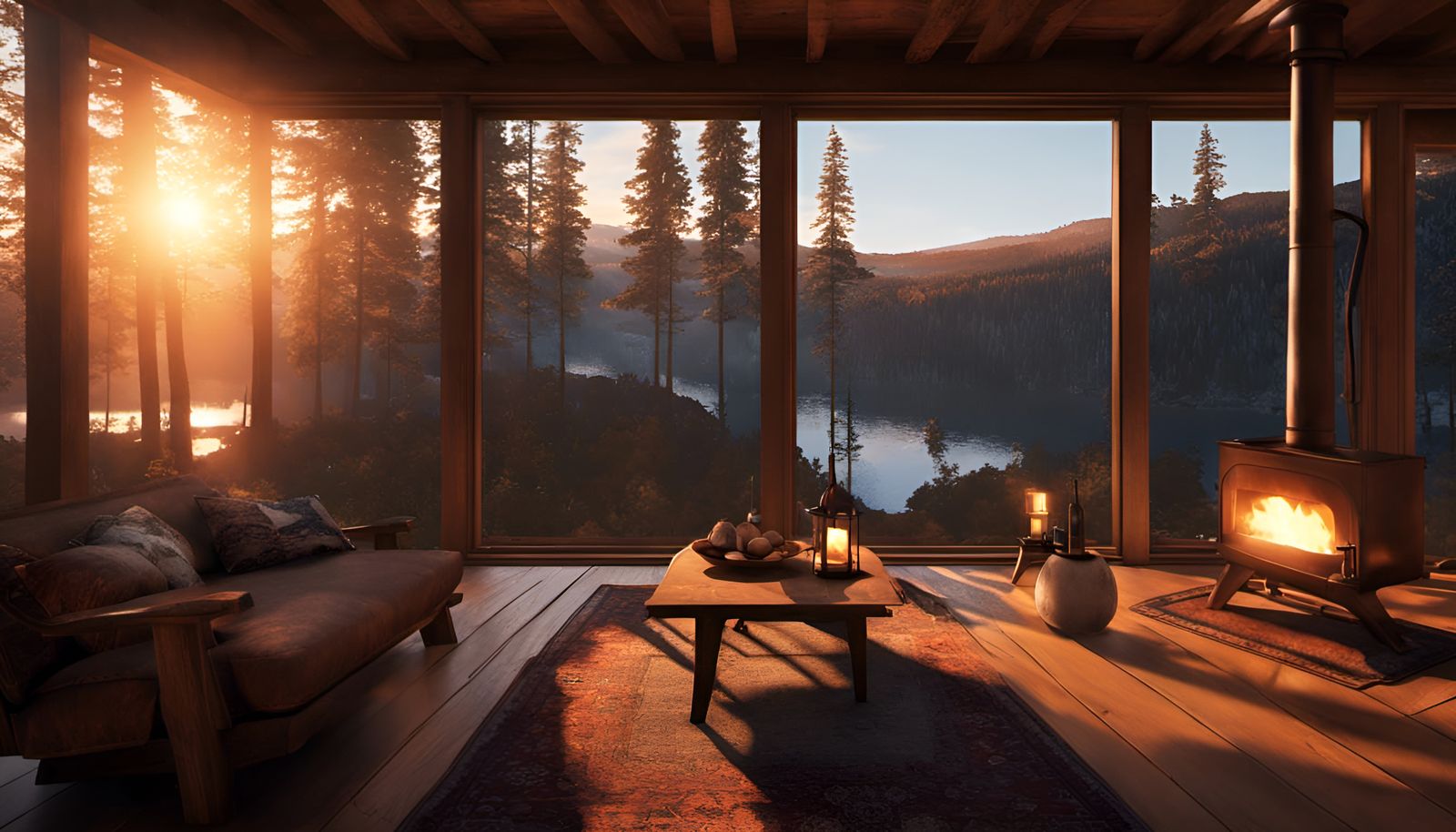 Cozy Cabin at Sunset: 3D Rendered View