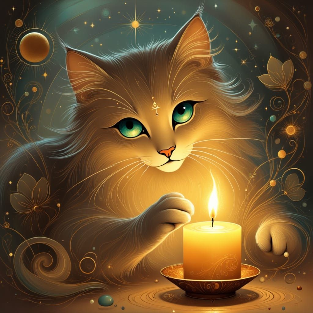 <lora:Cat portrait:1.0> A cat reaches out a paw to a candle ...