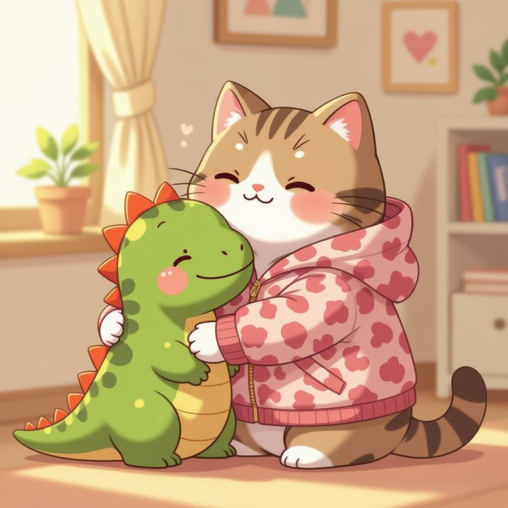 Kawaii Pusheen Cat Hugs Dinosaur Companion