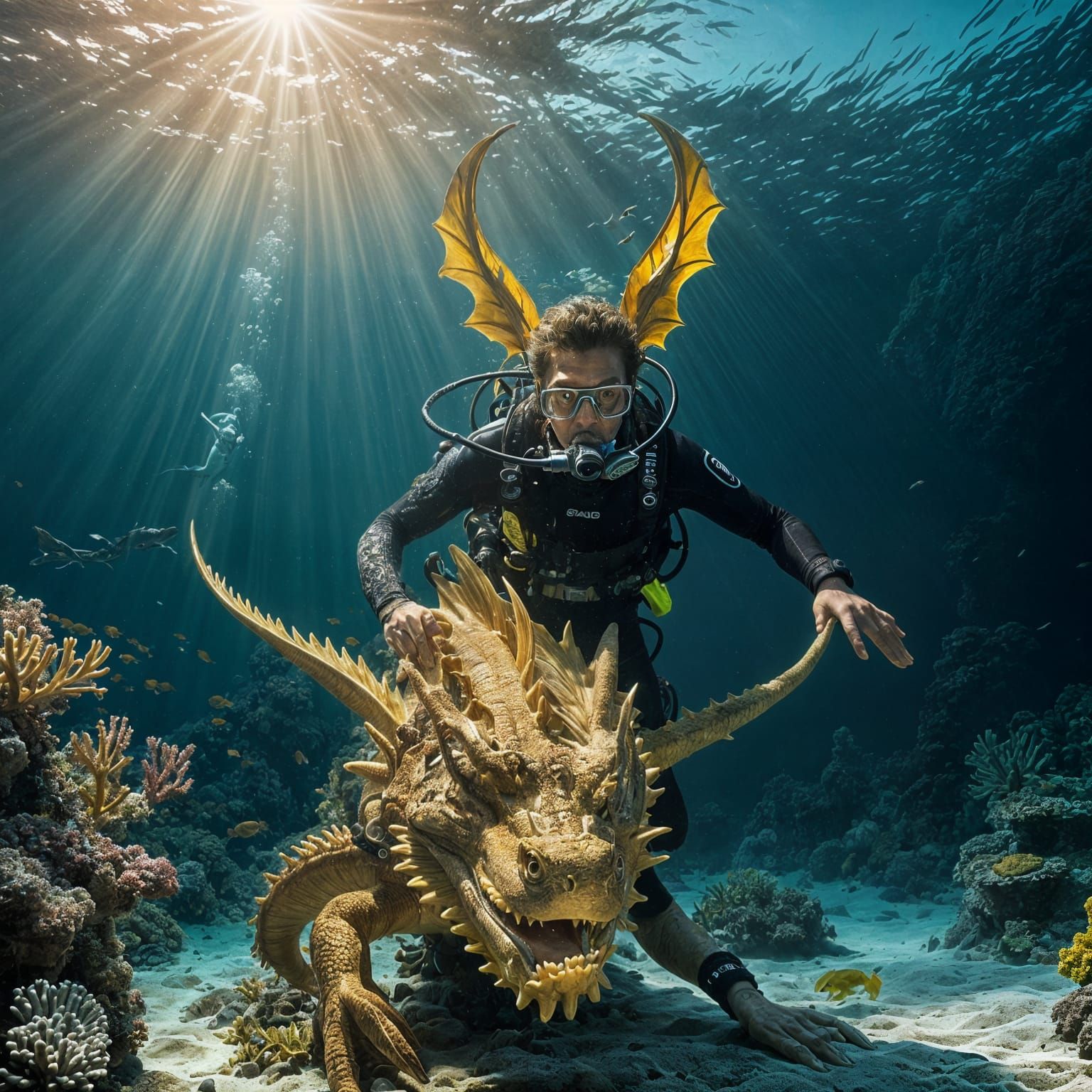 Underwater Dragon Encounter in Deep Ocean
