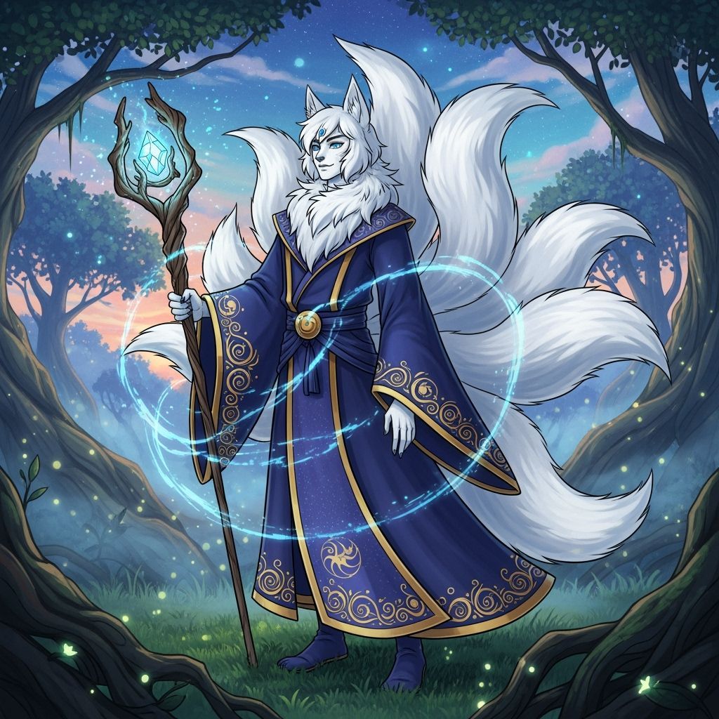 Mystical Kitsune Sorcerer with Staff in Painterly Style