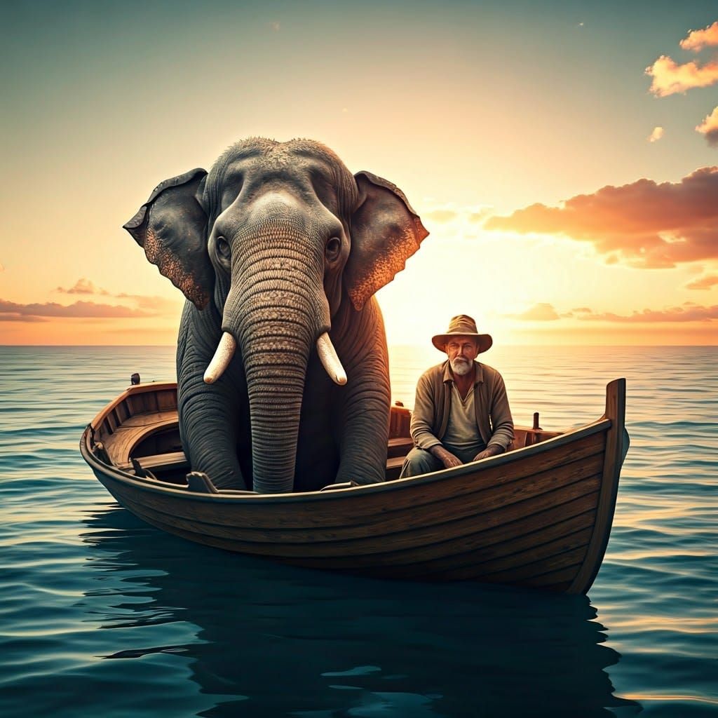 Man and Elephant Adrift: Hyperrealistic Matte Painting