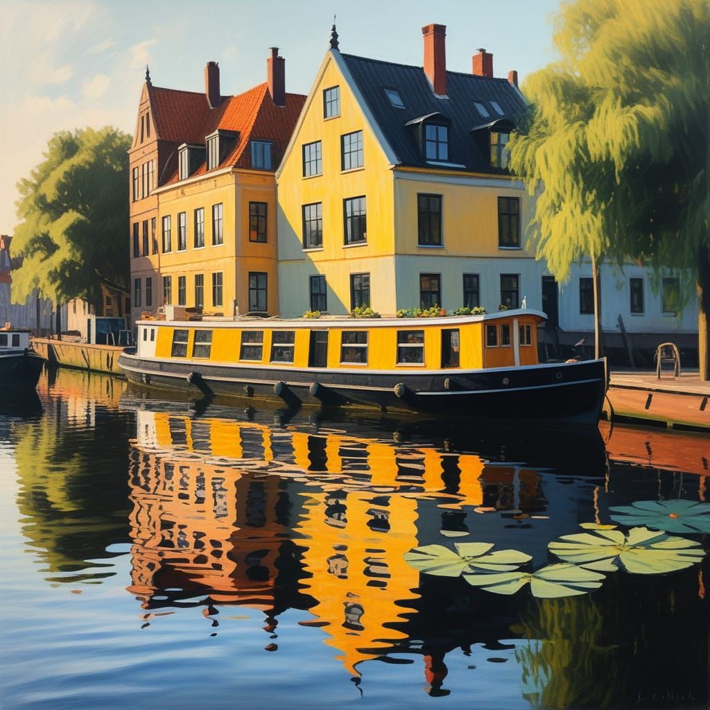 Impressionistic Houseboat on Copenhagen Canal at Golden Hour