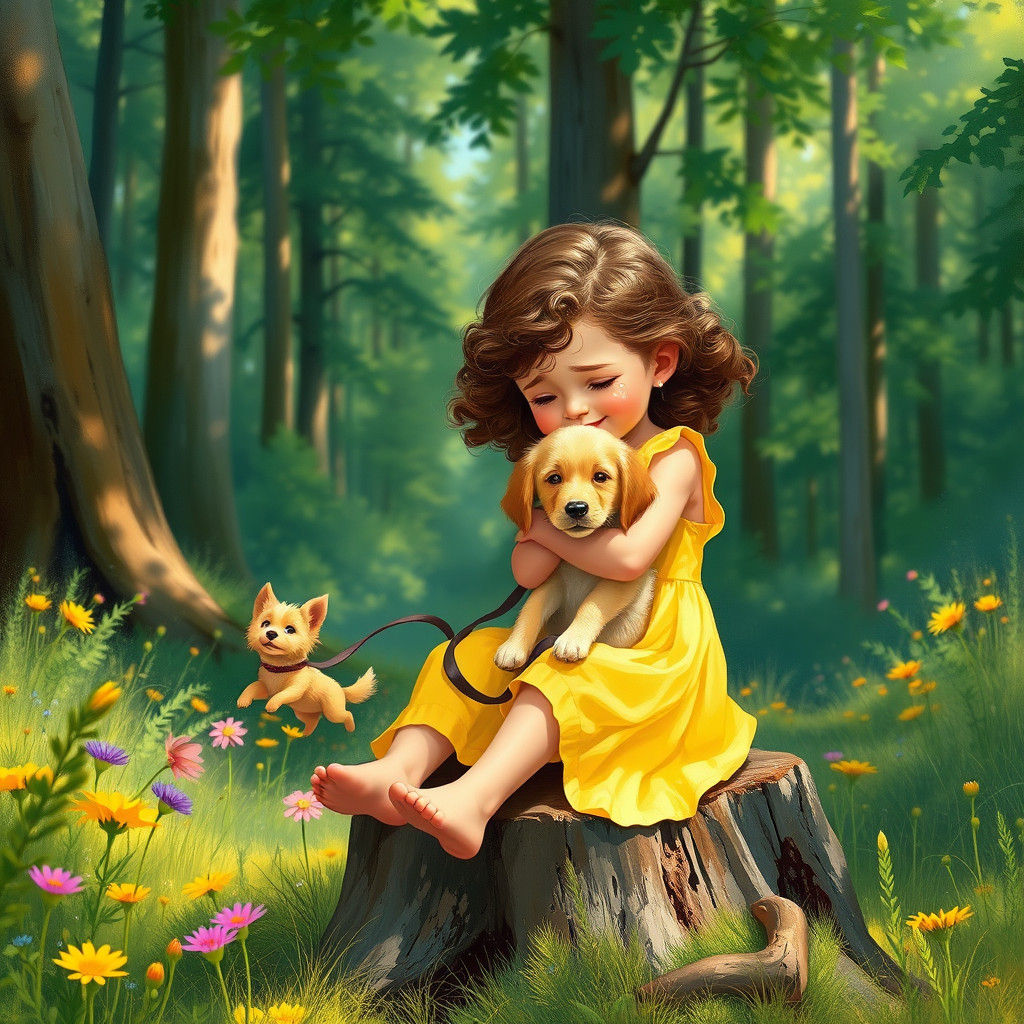 Emotional Reunion: Girl and Dog in Rockwell Style