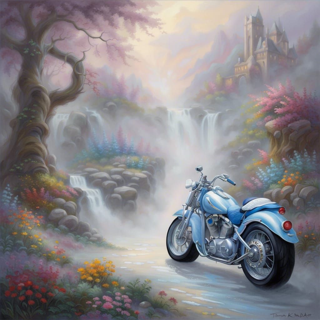 marble colored motorcycle, ethereal fantasy hyperdetailed mist Thomas Kinkade