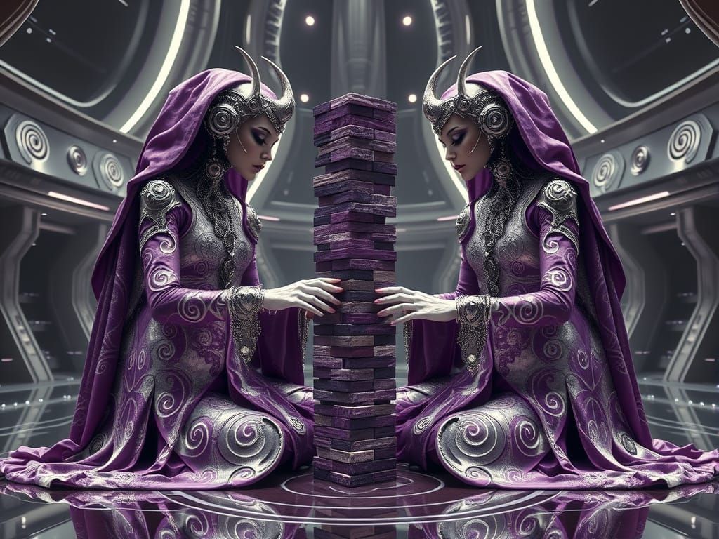 Ethereal Beings Play Jenga in Futuristic Arena