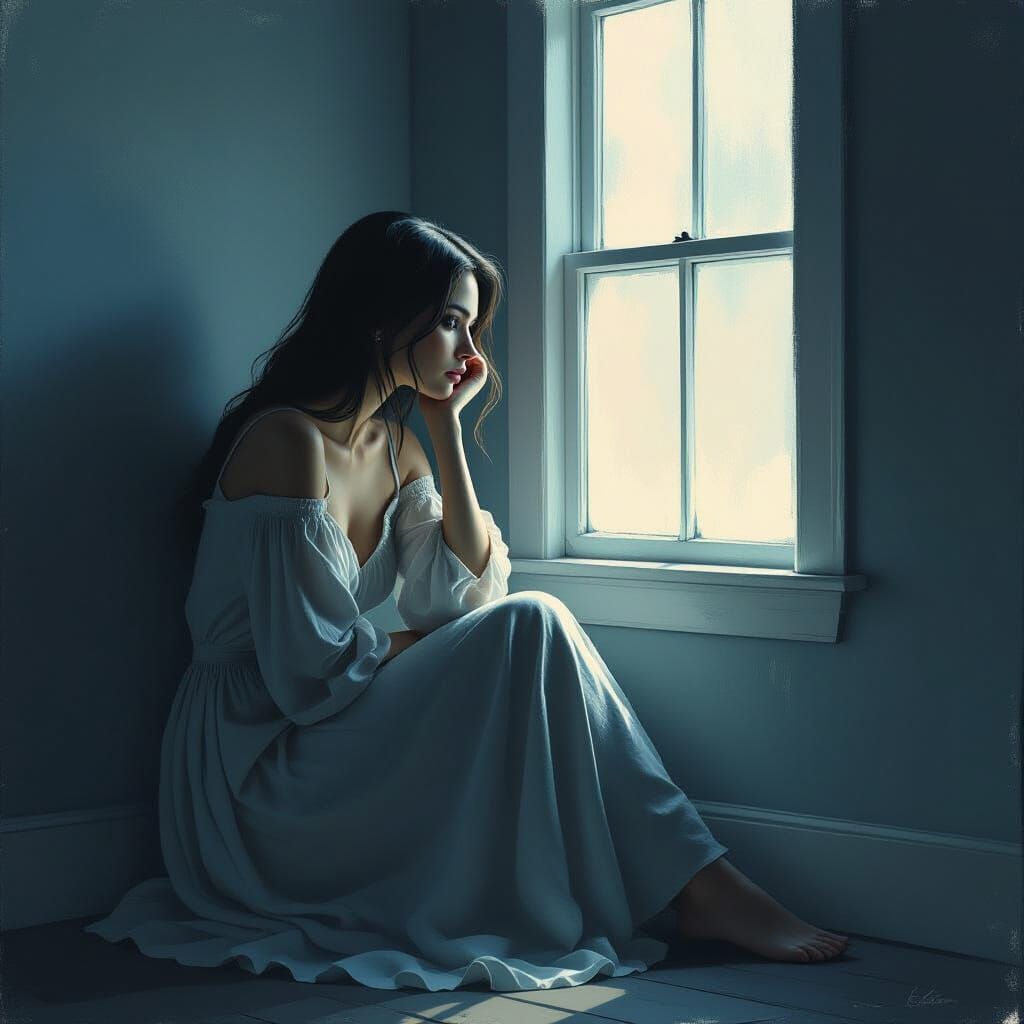 Contemplative Woman in Dimly Lit Room, Evoking Fragile Beaut...