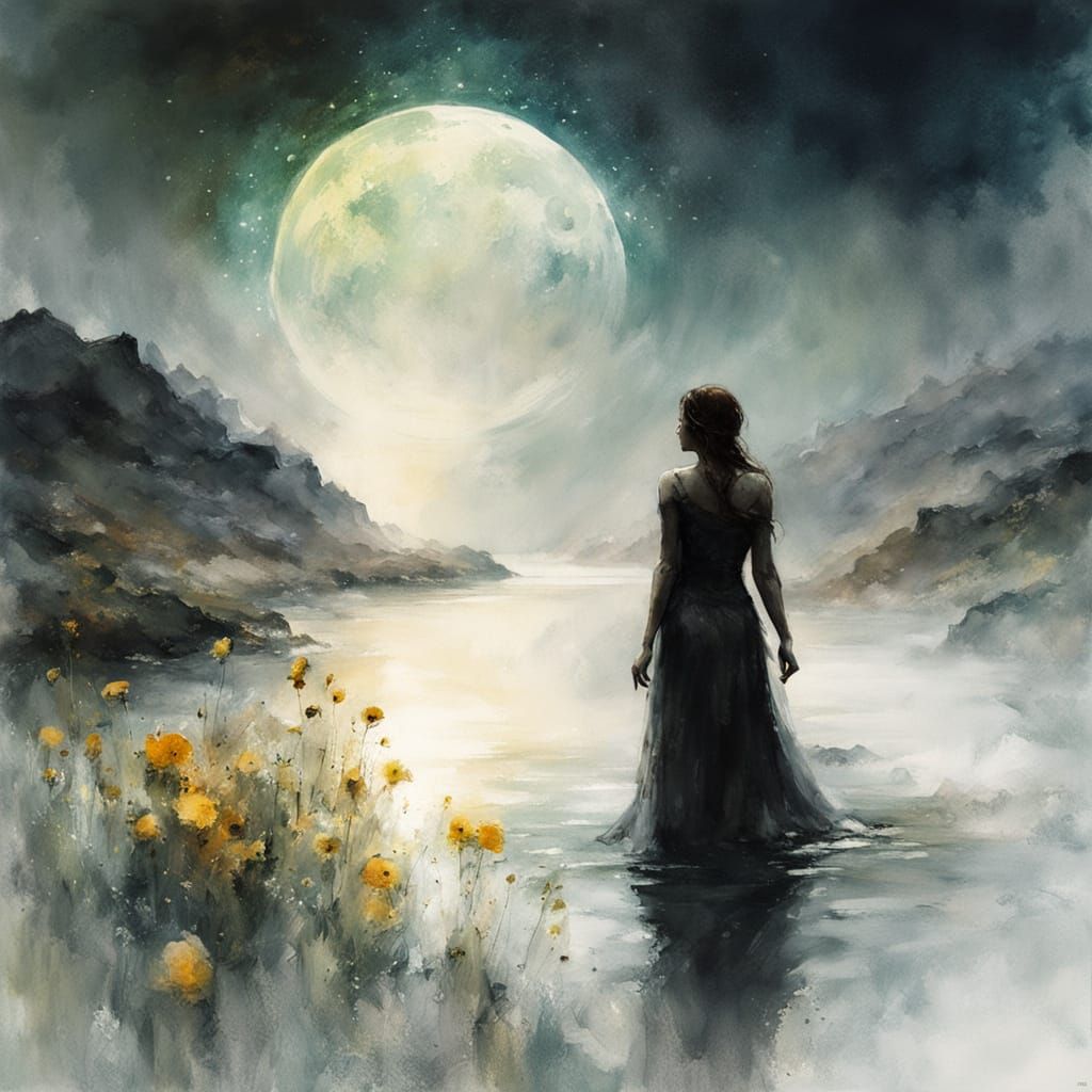 Lush Moonlit Landscape with Gothic Ferrywoman