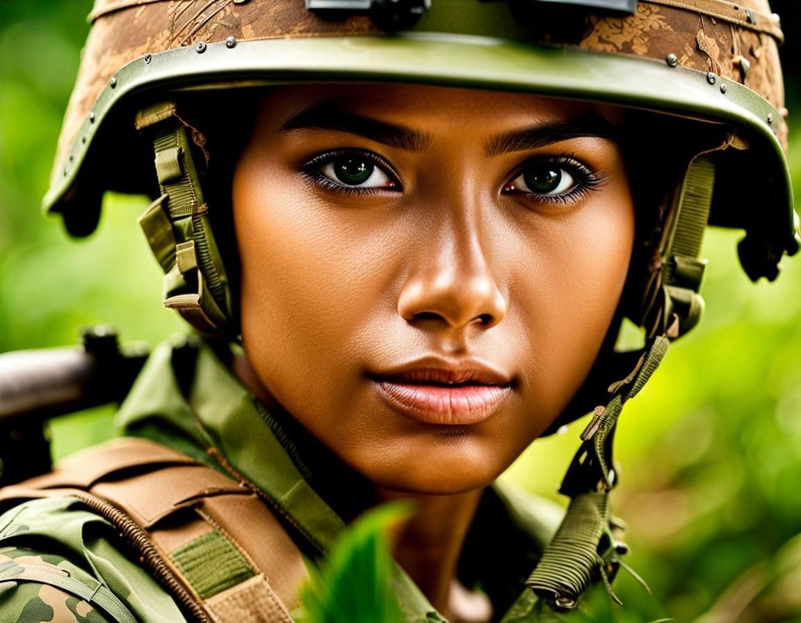 Photorealistic Portrait of Young Indonesian Woman Soldier
