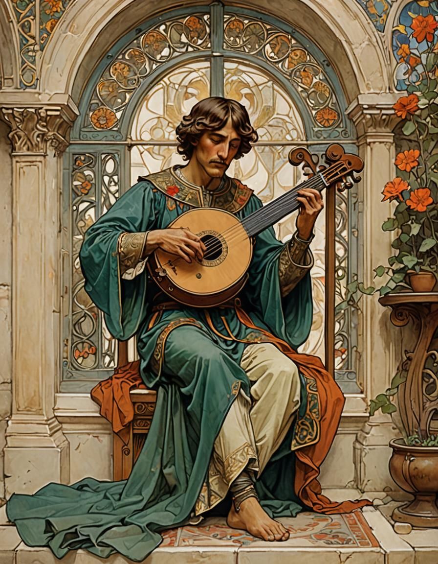 Minstrel Plays Lyre in Medieval Court, Art Nouveau