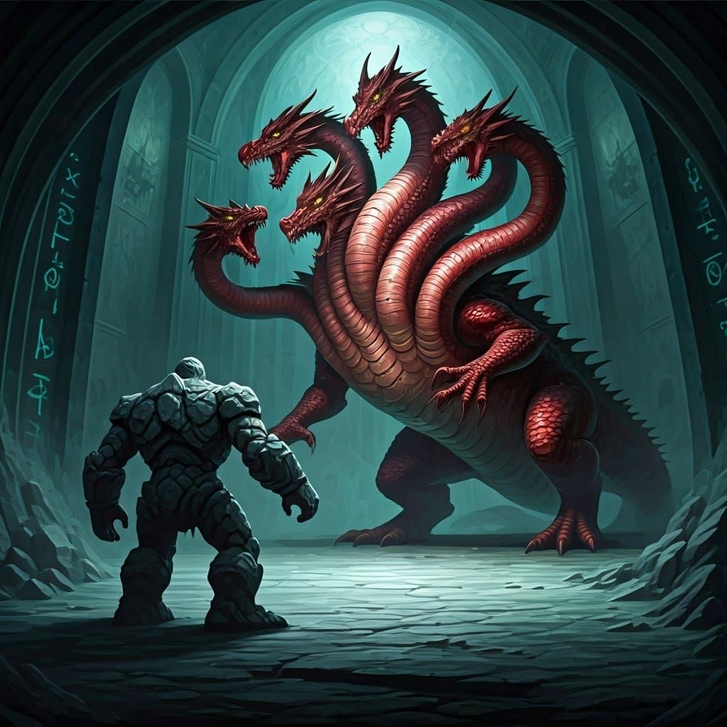 Twelve-Headed Dragon Confronts Stone Golem in Crypt