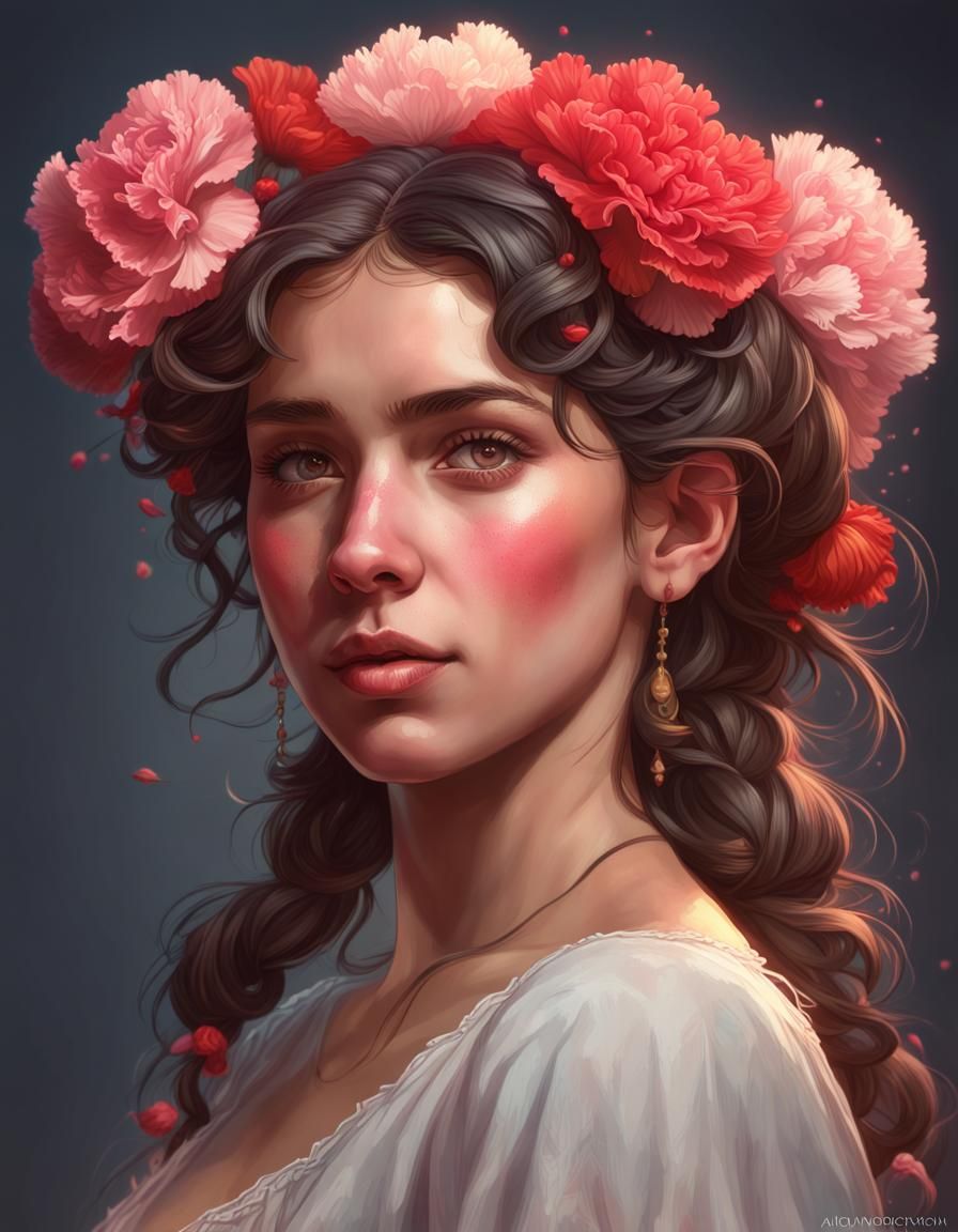Spanish Girl with Carnations: Hyperdetailed Portrait