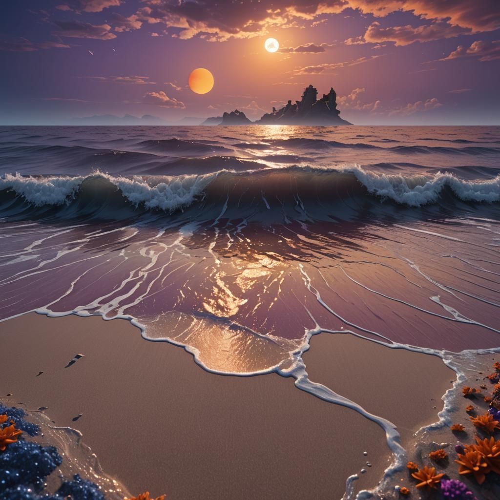 Exotic Alien Beach with Four Suns