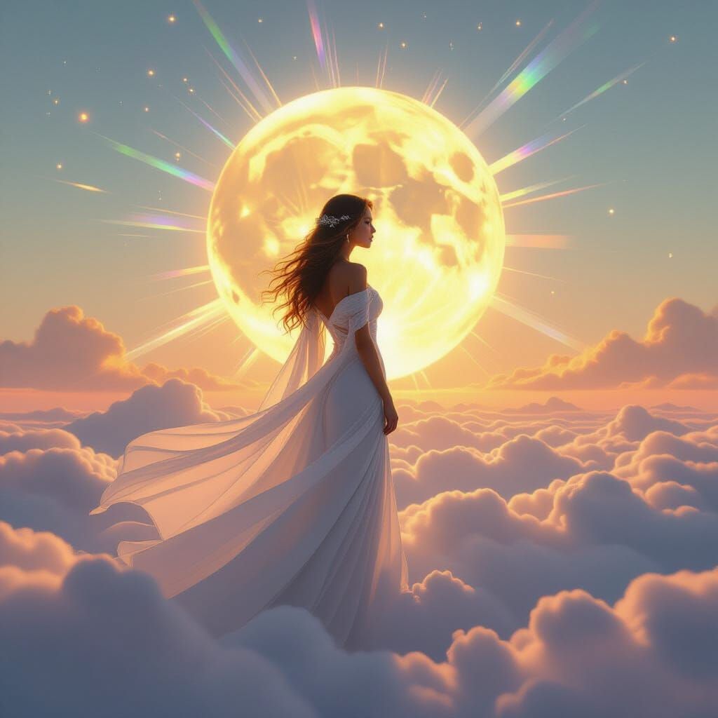 Luminous Moon Goddess in Ethereal Cloudscape