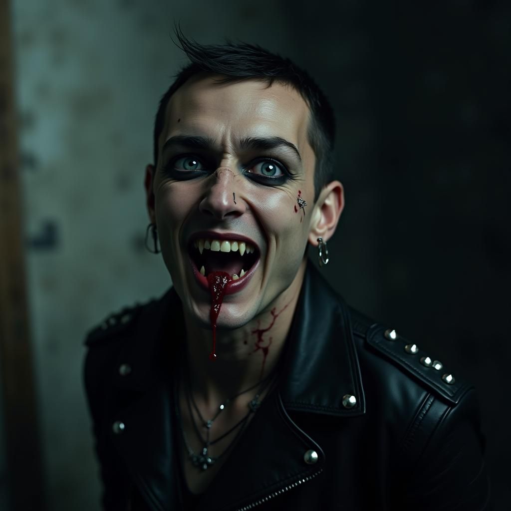 Hyperrealistic Vampire with Piercing Eyes and Fangs