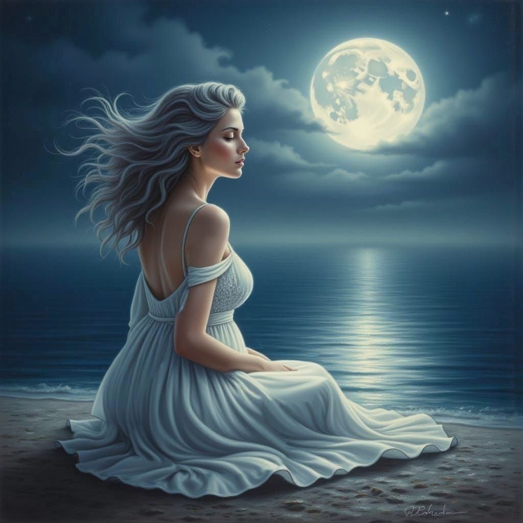 Woman by Moonlit Water in Flowing Dress