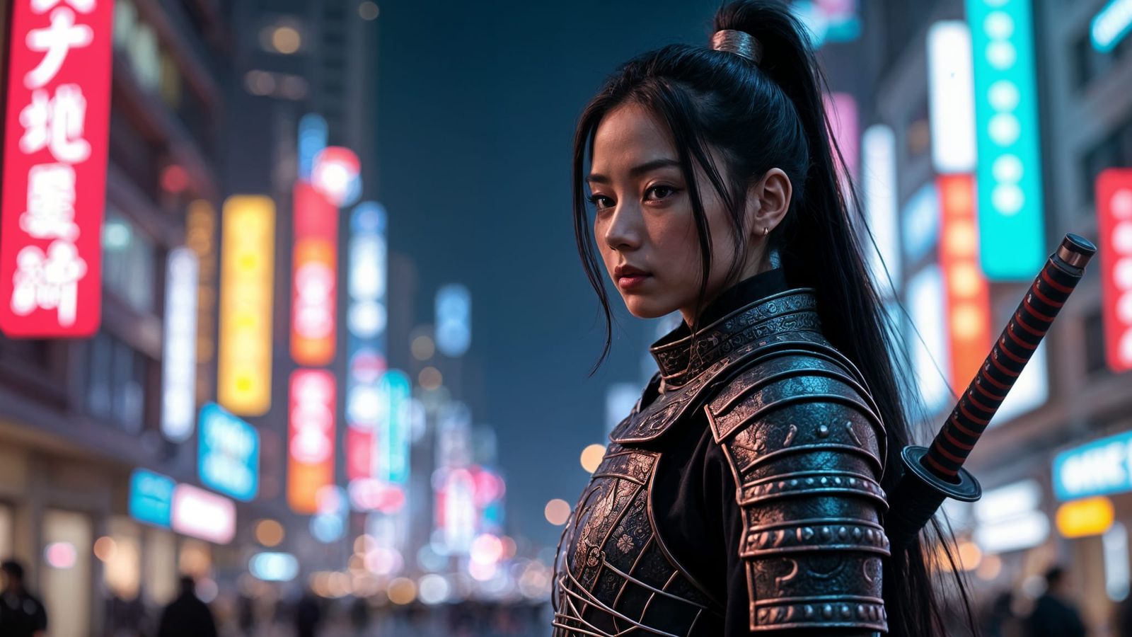 Samurai Girl with Katana in Cyberpunk Night City