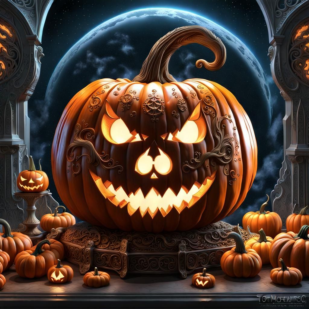Surreal Celestial Pumpkin Carving in Photorealistic 8K