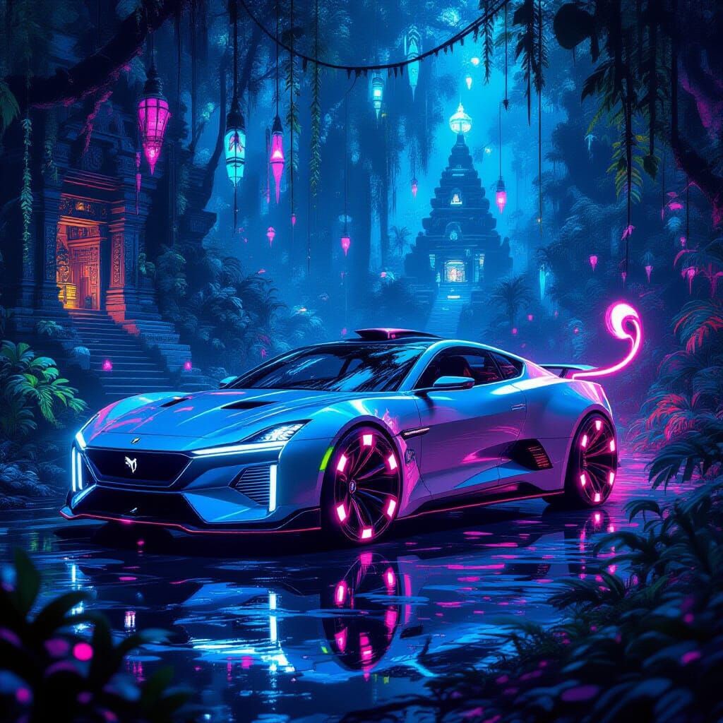 Futuristic Lion-Car Prowling a Neon Jungle