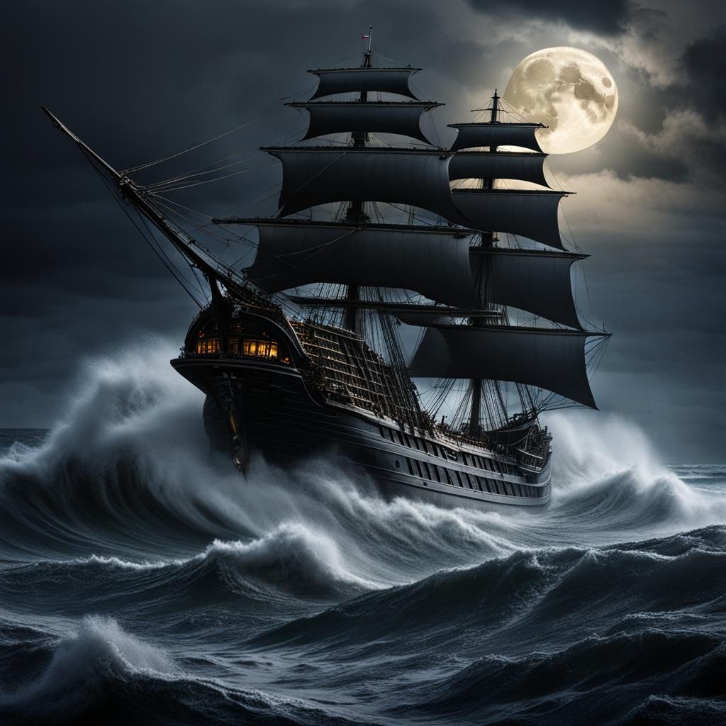 Dramatic Ship on Stormy Seas Under Moonlight