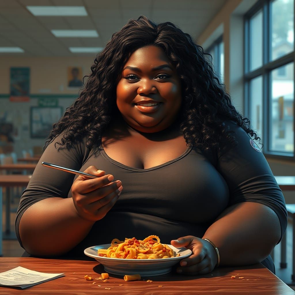 Beautiful Plus-Size Girl Eating Pasta, Detailed Matte Painti...