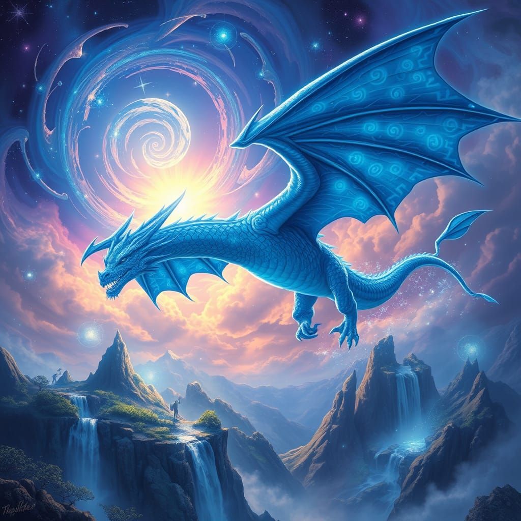 Mystical Blue Dragon soars through a Cosmic Landscape