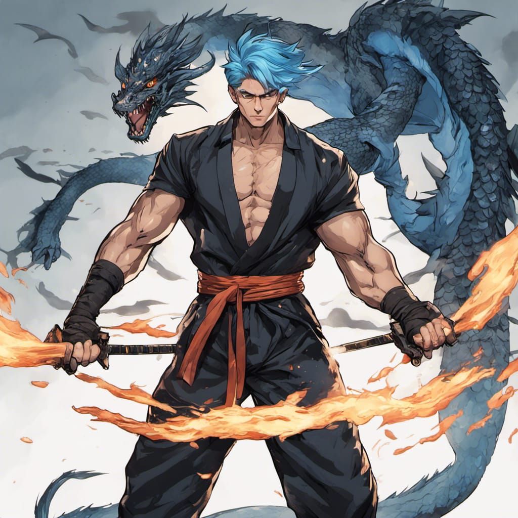 Aesthetic Physique Man with Dragon Tattoo and Katanas