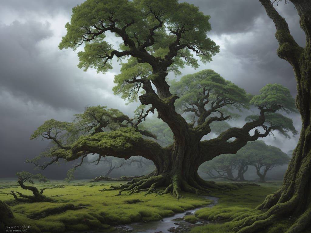 Ancient Oak Tree Against Dynamic Sky - Digital Painting