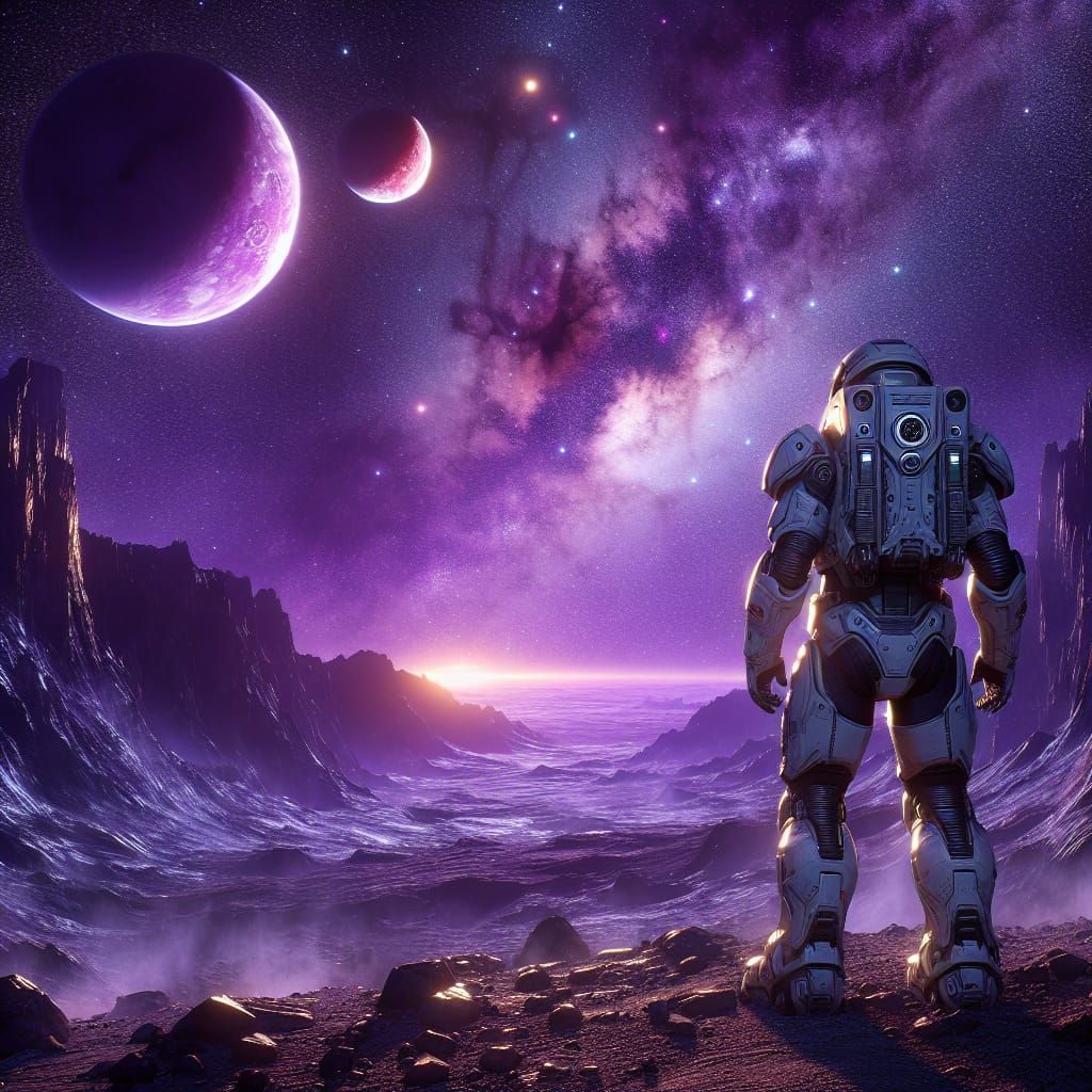 Astronaut Explores Alien Canyon Under Twin Moons