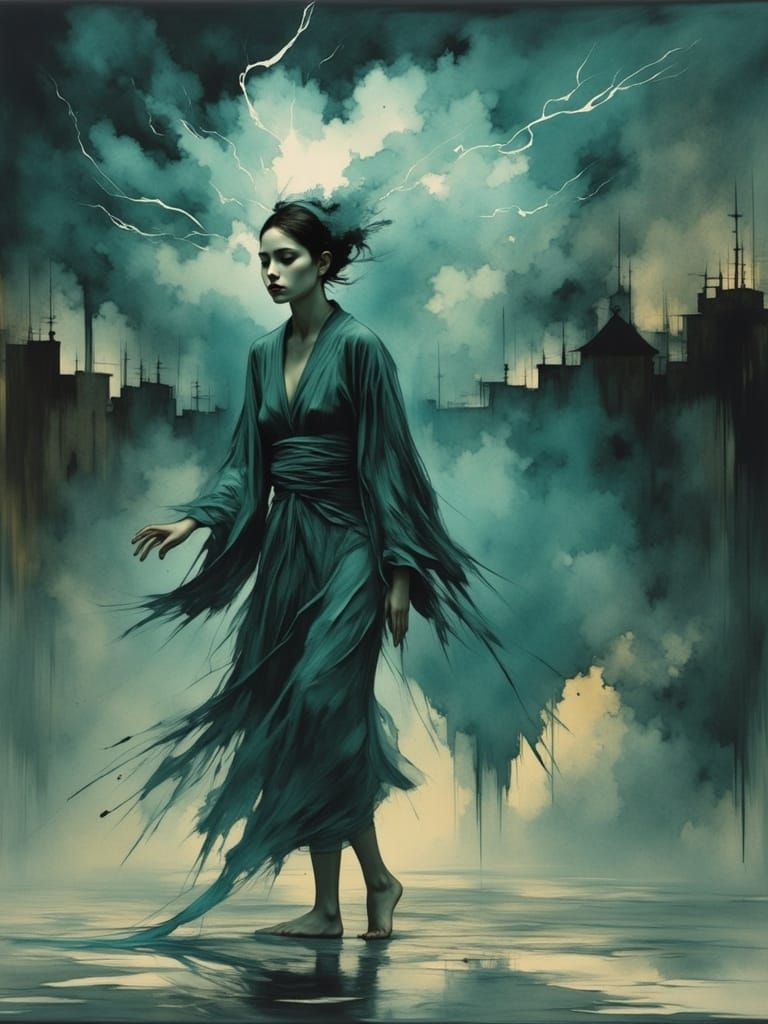 Serene Woman in Jade Kimono Walks Thundercloud