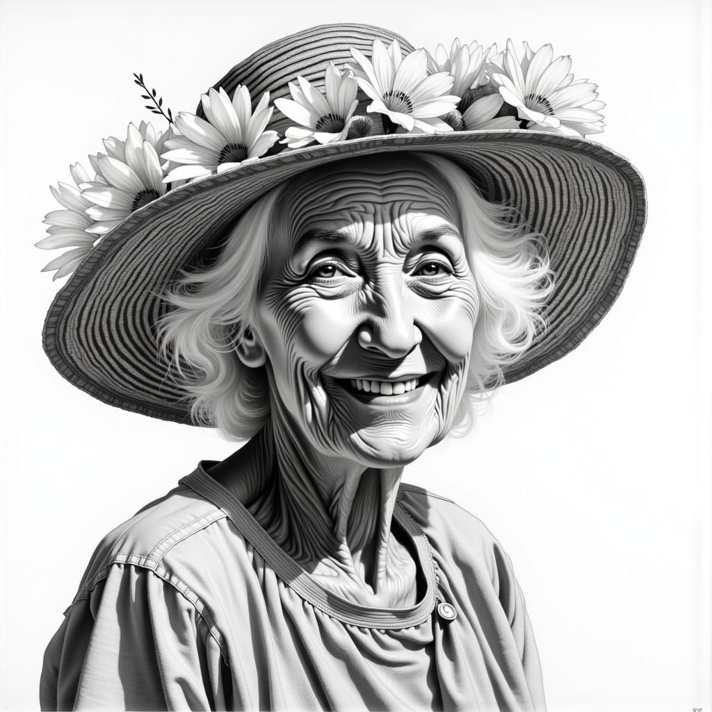 Smiling Elderly Woman in Charcoal Drawing Style