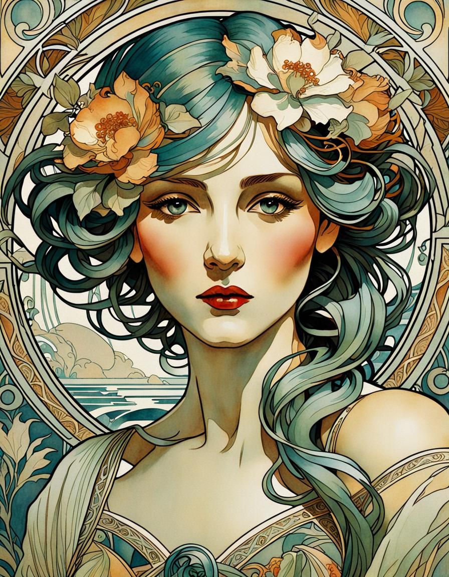 Art Deco Watercolor Girl with Floral Ornaments