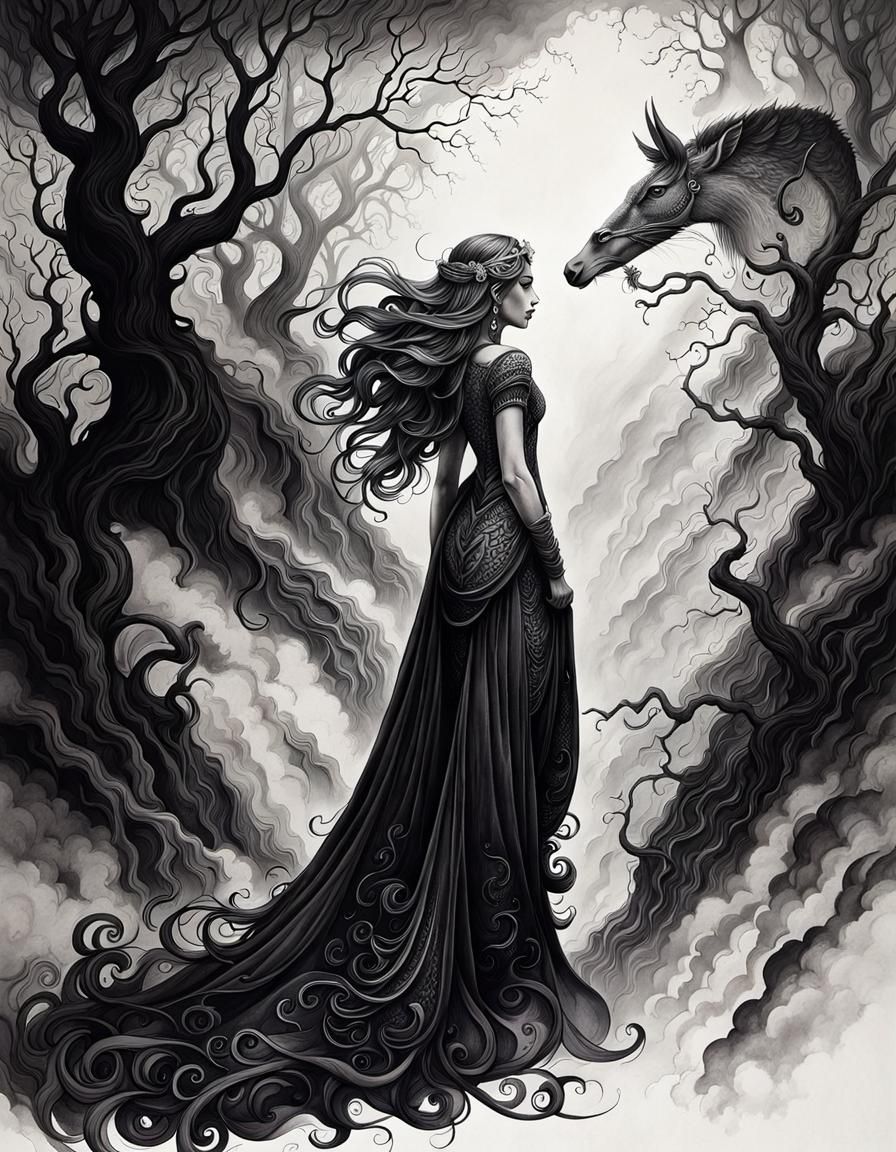 hyperdetailed black ink drawing ethereal fantasy hyperdetailed mist picaso Dall-E 3 infinite resolution contrasting colo...